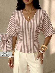 NOVVYNE Elegant Neutral Vertical Stripe V Neck Back Bow Peplum Slim Fit Trouser Matching Cami - Khaki - View 13