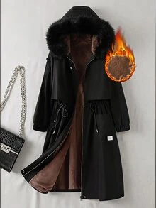 SHEIN Clasi 大尺碼女款字母印花牛仔拼接毛毛飾邊連帽長袖夾克 - 黑色 - 查看 4
