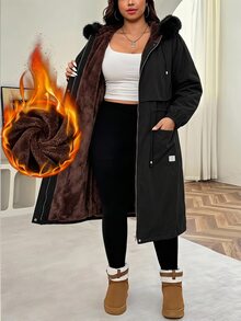 SHEIN Clasi 大尺碼女款字母印花牛仔拼接毛毛飾邊連帽長袖夾克 - 黑色 - 查看 1