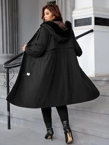 SHEIN Clasi 大尺碼女款字母印花牛仔拼接毛毛飾邊連帽長袖夾克 - 黑色 - 查看 2