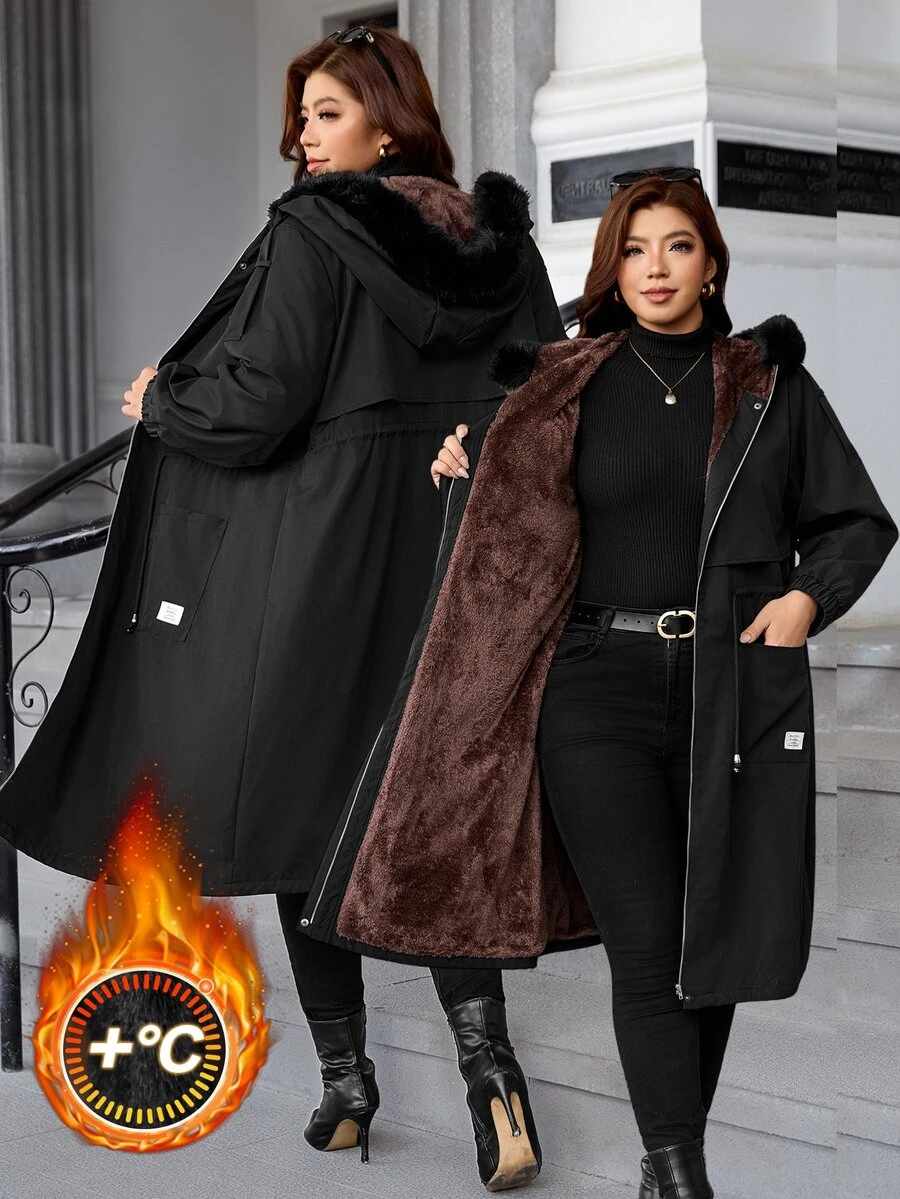 SHEIN Clasi Plus Size Women's Long Sleeve Patchwork Fur Trim Hooded Jacket Winter Fashion - Black - View 1