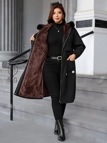 SHEIN Clasi 大尺碼女款字母印花牛仔拼接毛毛飾邊連帽長袖夾克 - 黑色 - 查看 9