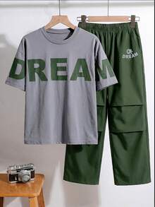 SHEIN Tween Boy Letter Print Short Sleeve T-Shirt And Pocket Long Pants Casual Daily Outfit - Grey - View 3
