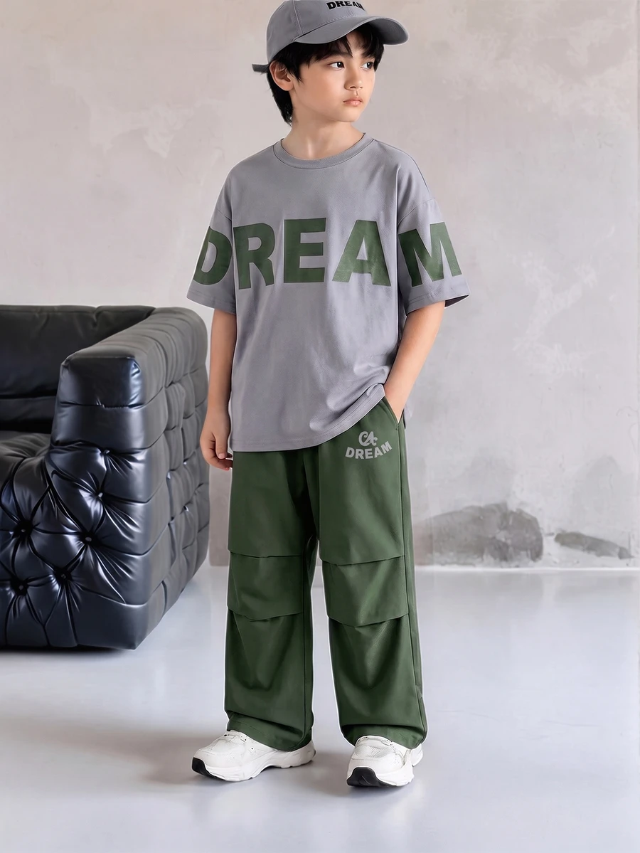 SHEIN Tween Boy Letter Print Short Sleeve T-Shirt And Pocket Long Pants Casual Daily Outfit - Grey - View 1