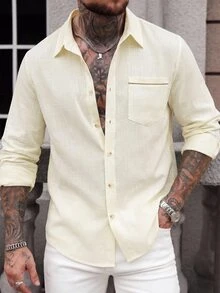 Manfinity CasualCool 2026 Autumn Vintage Casual Beige Linen Short Sleeve Shirts For Men Point Collar Pocket Detail Relax Office Work - Apricot - View 2