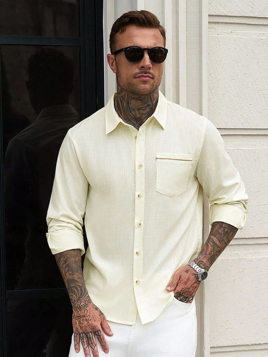 Manfinity CasualCool 2026 Autumn Vintage Casual Beige Linen Short Sleeve Shirts For Men Point Collar Pocket Detail Relax Office Work - Apricot - View 1