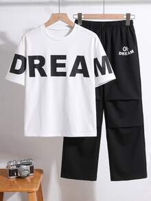 SHEIN 青少年男孩字母印花短袖T恤與長褲休閒日常2件套 - 彩色 - 查看 3
