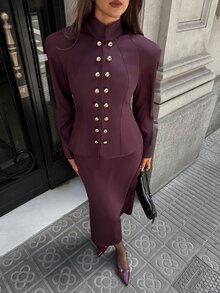 Aloruh Women's Elegant Business Commute Old Money Style Burgundy Suit Set, Metal Button Decor Wide Shoulder Long Sleeve Jacket + Mid-Length Skirt, Office - Burgundy - View 4