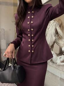 Aloruh Women's Elegant Business Commute Old Money Style Burgundy Suit Set, Metal Button Decor Wide Shoulder Long Sleeve Jacket + Mid-Length Skirt, Office - Burgundy - View 8