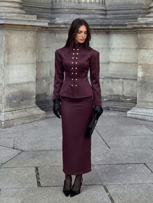 Aloruh Women's Elegant Business Commute Old Money Style Burgundy Suit Set, Metal Button Decor Wide Shoulder Long Sleeve Jacket + Mid-Length Skirt, Office - Burgundy - View 5