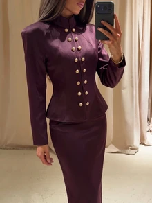 Aloruh Women's Elegant Business Commute Old Money Style Burgundy Suit Set, Metal Button Decor Wide Shoulder Long Sleeve Jacket + Mid-Length Skirt, Office - Burgundy - View 6
