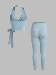 Sweetra Women's Solid Color Side Knot Halter Tank Top And Leggings Sports Set - Blue - View 7