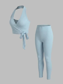 Sweetra Women's Solid Color Side Knot Halter Tank Top And Leggings Sports Set - Blue - View 6