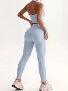 Sweetra Women's Solid Color Side Knot Halter Tank Top And Leggings Sports Set - Blue - View 4
