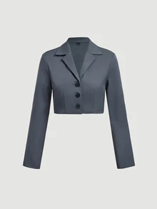 SHEIN MOD Setelan Jaket Lengan Pendek Kerah Berlipat dan Rok Renda Kontras untuk Wanita - Dark Grey - View 16