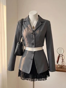 SHEIN MOD Setelan Jaket Lengan Pendek Kerah Berlipat dan Rok Renda Kontras untuk Wanita - Dark Grey - View 9