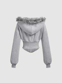 SHEIN MOD Sweatshirt Berkerudung Kerah Bulu Kasual Wanita, Musim Gugur/Dingin - Grey - View 6