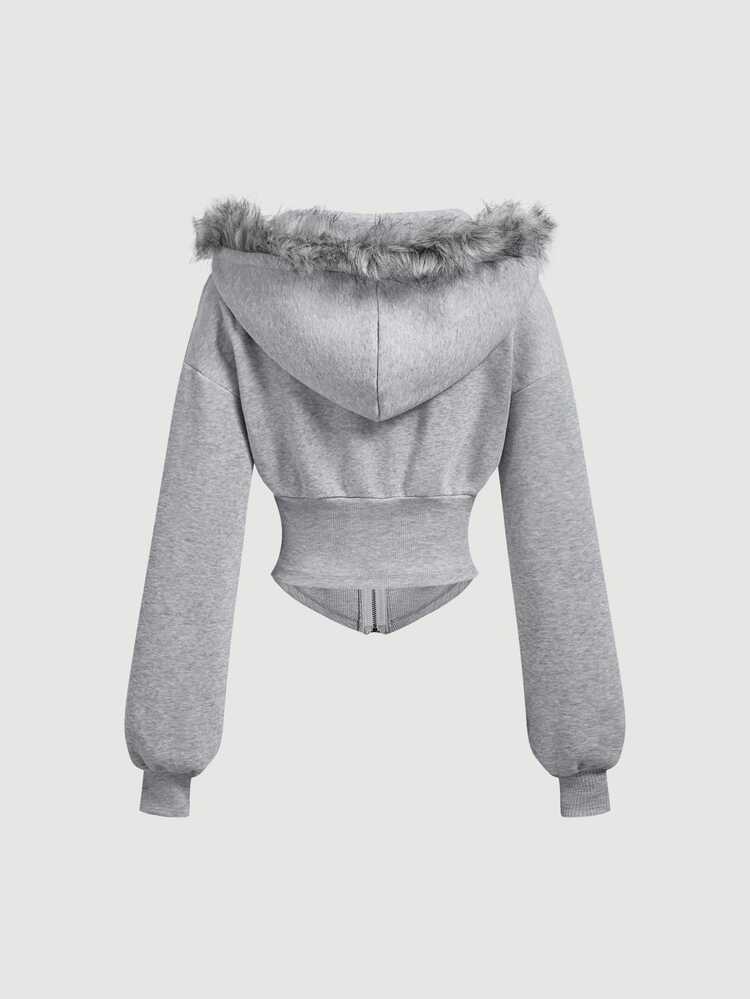 SHEIN MOD 女款休閒毛領連帽衛衣，秋冬款 - 灰色 - 查看 6