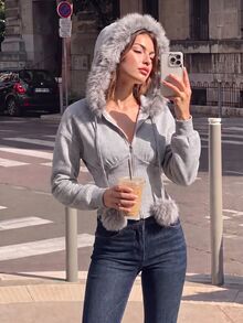 SHEIN MOD Sweatshirt Berkerudung Kerah Bulu Kasual Wanita, Musim Gugur/Dingin - Grey - View 1