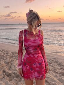SHEIN MOD Women's Floral Print Asymmetric Neck Mini Dress - Hot Pink - View 3