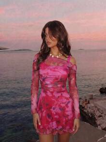 SHEIN MOD Women's Floral Print Asymmetric Neck Mini Dress - Hot Pink - View 2