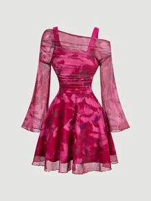 SHEIN MOD Women's Floral Print Asymmetric Neck Mini Dress - Hot Pink - View 4