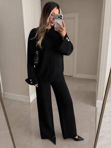 SHEIN WOMEN'S WEAR BLACK BUTTON CUFF DETAILED 2PCS SWEATER & WIDE LEG PANTS CO-ORD SET - Black - View 7