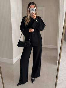 SHEIN WOMEN'S WEAR BLACK BUTTON CUFF DETAILED 2PCS SWEATER & WIDE LEG PANTS CO-ORD SET - Black - View 8