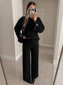 SHEIN WOMEN'S WEAR BLACK BUTTON CUFF DETAILED 2PCS SWEATER & WIDE LEG PANTS CO-ORD SET - Black - View 10