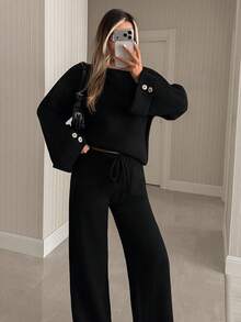 SHEIN WOMEN'S WEAR BLACK BUTTON CUFF DETAILED 2PCS SWEATER & WIDE LEG PANTS CO-ORD SET - Black - View 4