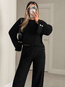 SHEIN WOMEN'S WEAR BLACK BUTTON CUFF DETAILED 2PCS SWEATER & WIDE LEG PANTS CO-ORD SET - Black - View 5