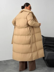 RiviMae Women Solid Color Pocket And Belted Detailed Regular Fit Long Wintercoats - Beige - View 5