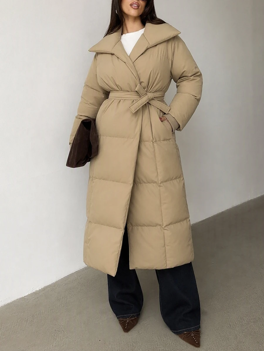 RiviMae Women Solid Color Pocket And Belted Detailed Regular Fit Long Wintercoats - Beige - View 1