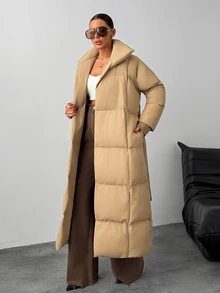 RiviMae Women Solid Color Pocket And Belted Detailed Regular Fit Long Wintercoats - Beige - View 2