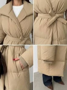 RiviMae Women Solid Color Pocket And Belted Detailed Regular Fit Long Wintercoats - Beige - View 9