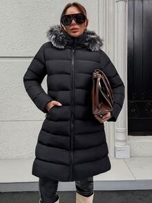 Pariaura Fur Hoodie Zipper And Pocket Detailed Long Winter Coats - الأسود - مشاهدة 5