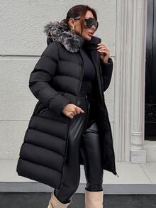 Pariaura Fur Hoodie Zipper And Pocket Detailed Long Winter Coats - الأسود - مشاهدة 4