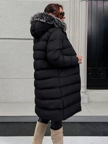 Pariaura Fur Hoodie Zipper And Pocket Detailed Long Winter Coats - الأسود - مشاهدة 2