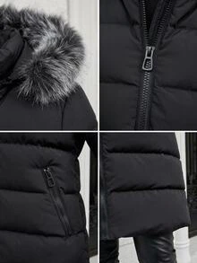Pariaura Fur Hoodie Zipper And Pocket Detailed Long Winter Coats - الأسود - مشاهدة 8