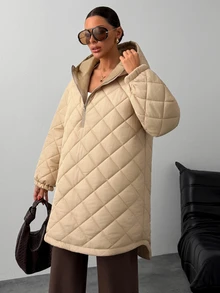 Trelyra Beige Quilted Hooded Oversized Minimalist Casual Autumn Winter Coat Everyday Going Out Travel - Beige - View 2