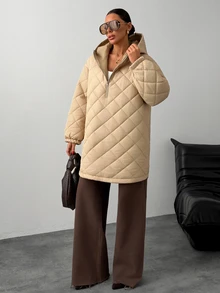 Trelyra Beige Quilted Hooded Oversized Minimalist Casual Autumn Winter Coat Everyday Going Out Travel - Beige - View 6
