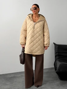 Trelyra Beige Quilted Hooded Oversized Minimalist Casual Autumn Winter Coat Everyday Going Out Travel - Beige - View 5