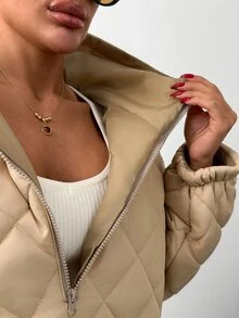 Trelyra Beige Quilted Hooded Oversized Minimalist Casual Autumn Winter Coat Everyday Going Out Travel - Beige - View 10