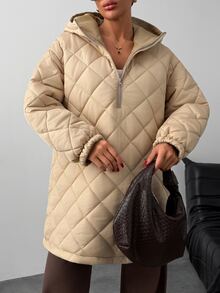 Trelyra Beige Quilted Hooded Oversized Minimalist Casual Autumn Winter Coat Everyday Going Out Travel - Beige - View 3