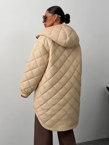 Trelyra Beige Quilted Hooded Oversized Minimalist Casual Autumn Winter Coat Everyday Going Out Travel - Beige - View 4