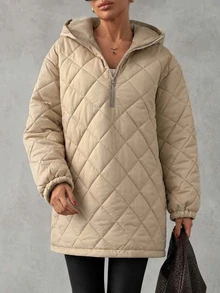 Trelyra Beige Quilted Hooded Oversized Minimalist Casual Autumn Winter Coat Everyday Going Out Travel - Beige - View 1