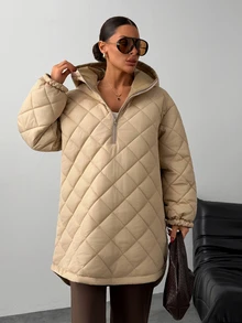 Trelyra Beige Quilted Hooded Oversized Minimalist Casual Autumn Winter Coat Everyday Going Out Travel - Beige - View 7