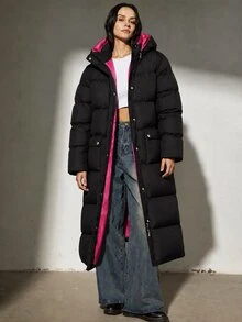 SHEIN Women Contrast Lining Detailed Regular Fit Winter Coats - Black - View 1