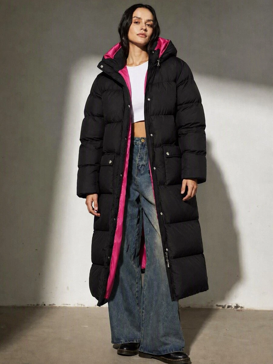 SHEIN Women Contrast Lining Detailed Regular Fit Winter Coats - Black - View 1