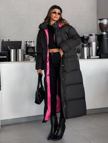 SHEIN Women Contrast Lining Detailed Regular Fit Winter Coats - Black - View 3